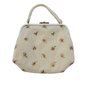 Bolso de mano reversible vintage de los años 50 con cuentas y estampado floral en color marfil