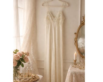 Vintage Formfit Nylon Lace Trim Nightgown Maxi Slip Dress Yellow Medium