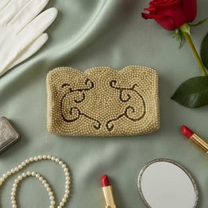 May include: A vintage-style beaded clutch with a scalloped edge and dark brown scrollwork. The image also features a red rose, white gloves, a pearl necklace, lipsticks, and a small mirror, all arranged on a green satin surface.