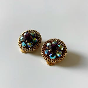 Vintage Aurora Borealis Rhinestone Clip On Earrings Blue Gold