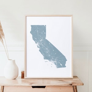Impression de carte de la Californie, affiche de la Californie, déco carte de l'État de Californie, cadeau Californie, carte de Los Angeles, plan des rues de Californie, carte de Cali