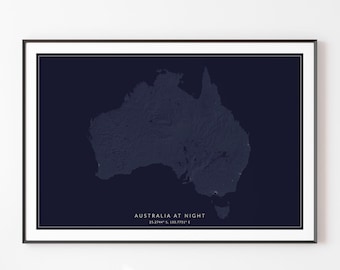 Australia Map Print, Australia at Night, Map of Australia, Australia Poster, Topographic Map, Australia Gift, Australia Artwork