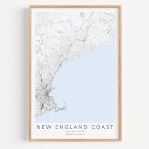 Impression de carte de la Nouvelle-Angleterre, Affiche de carte de la côte de la Nouvelle-Angleterre, Décor du Massachusetts, Cadeau de Boston, Décor nautique, Affiche du Maine, Affiche nautique