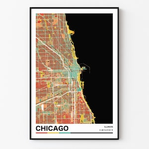 Impression de carte de Chicago, affiche rétro de Chicago, décor mural rétro, art mural de Chicago, décor mural de Chicago, cadeau de Chicago, cadeau de l’Illinois, carte rétro
