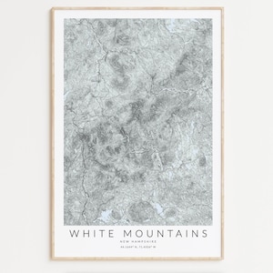 Impression de carte des montagnes blanches, randonnée des montagnes blanches du New Hampshire, impression de carte de randonnée, déco New Hampshire, cadeau de randonnée, affiche du mont Washington