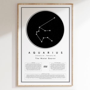 Impression du zodiaque Verseau, affiche du signe astrologique Verseau, affiche de la Constellation du zodiaque, impression d'astrologie, affiche Horoscope Verseau