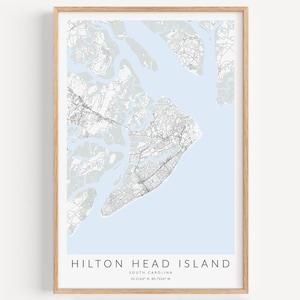 Impression de carte de l'île de Hilton Head, impression de carte de Caroline du Sud, affiche de Hilton Head en Caroline du Sud, cadeau Hilton Head, décoration Hilton Head, décoration côtière