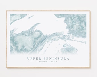 Upper Peninsula Michigan Map Print, Michigan Wall Art, Upper Michigan Map, Beach House Wall Art, Coastal Wall Art, Michigan Gift, Gift Map