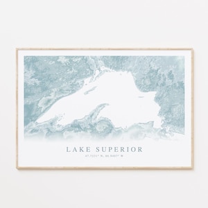 May include: A blue and white watercolor illustration of Lake Superior, the largest of the Great Lakes. The image includes the text "LAKE SUPERIOR 47.7231° N, 86.9407° W".