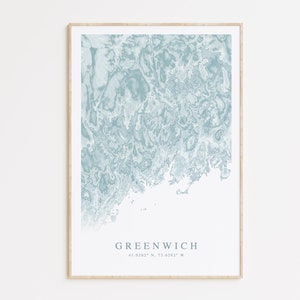 Impression de carte de Greenwich, Connecticut, art de la carte du Connecticut, cadeau de Greenwich, cadeau du Connecticut, impression CT de Greenwich, carte du son de Long Island