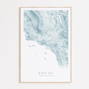 Impression de carte du sud de la Californie, carte du SoCal, cadeau maison de plage, art mural Californie, décoration maison de plage, carte de Los Angeles, cadeau Californie