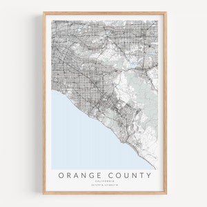Impression de carte du comté d'Orange, affiche du comté d'Orange, carte du comté d'Orange, art mural en Californie, impression de carte de la Californie, art du comté d'Orange en Californie