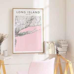Impression de carte de Long Island, affiche de Long Island, art mural de New York, cadeau de Long Island, décor mural rose, impression de carte de New York, décor de Montauk NY