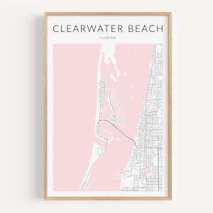 Impression de carte de Clearwater Beach, impression de carte de Clearwater, affiche de Clearwater Beach en Floride, décoration Clearwater, décoration côtière, art rose, carte de la Floride