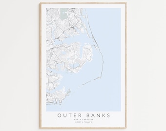 Outer Banks Map Print, Outer Banks Poster, North Carolina Wall Art, Outer Banks Gift, Nautical Wall Art, North Carolina Map Print, OBX Art