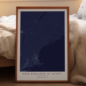 New England at Night, New England Map Print, New England Poster, New England Art, Boston Map Print, Map of Boston, Boston Poster, Boston Art