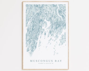 Impresión de mapas de Muscongus Bay Maine, Mapa de Muscongus Maine, Regalo de casa de Maine Beach, Arte de la pared de Maine, Decoración de la casa de playa, Regalo de Maine, Arte de Nueva Inglaterra