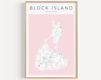 Block Island Map Print, Block Island Poster, Block Island Decor, Block Island Gift, Pink Wall Decor, Rhode Island Map Print, Beach House Art