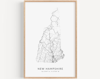 Impresión de mapa de New Hampshire, cartel de mapa de New Hampshire, regalo de New Hampshire, mapa minimalista, decoración de NH, mapa de NH, lago Winnipesaukee