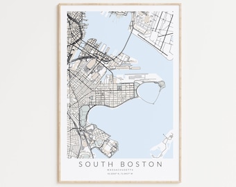 Impression de carte du sud de Boston, affiche de Southie, impression de carte de Boston, cadeau de Boston, décor du Massachusetts, carte de Southie, art mural de South Boston