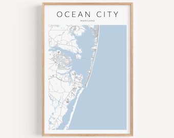 May include: A minimalist map print of Ocean City, Maryland. The map is in black and white with a light blue background. The city is outlined in black, and the roads and waterways are shown in gray.