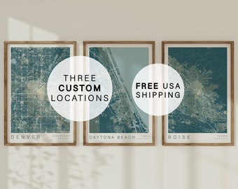 Personalized Map Print, Set of 3, Custom Map Print, Custom Locations, City Map Print, Home Town Map, Any Location, Anniversary Gift