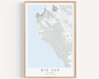 Impresión de mapas de Big Sur, cartel de Big Sur California, mapa de Big Sur, arte de la pared de California, impresión de mapas de California, regalo de Big Sur, arte del mapa de Big Sur