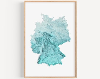 May include: A framed print of a topographic map of Germany in shades of blue and green.