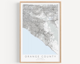 Impression de carte du comté d'Orange, affiche du comté d'Orange, carte du comté d'Orange, art mural en Californie, impression de carte de la Californie, art du comté d'Orange en Californie