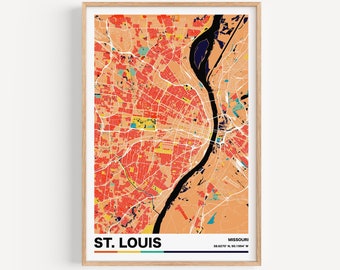 May include: A colorful map of St. Louis, Missouri, with a black outline of the Mississippi River. The map is in a light orange color with red, yellow, and blue accents. The text "ST. LOUIS" is in a bold, black font with a rainbow stripe underneath. The text "MISSOURI" is in a smaller, black font with the coordinates "38.6270° N, 90.1994° W" underneath.