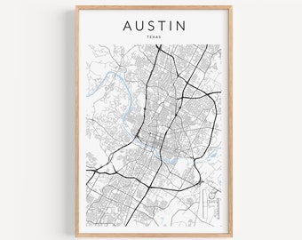 Impresión de mapas de Austin, Impresión de mapas de Texas, Cartel de Austin Texas, Decoración de Austin, Decoración de Texas, Mapa de Texas, Mapa de la ciudad de Austin, Regalo de Austin, Cartel sin enmarcar