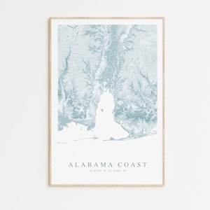 Impression de carte de la côte de l'Alabama, cadeau maison de plage de l'Alabama, art mural mobile Alabama, art Gulf Shores Alabama, décoration de maison de plage, art mural plage