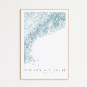 Impression de carte de la côte de la Nouvelle-Angleterre, affiche de la Nouvelle-Angleterre, impression de carte de Cape Cod, cadeau Boston, carte de la Nouvelle-Angleterre, art mural côtier