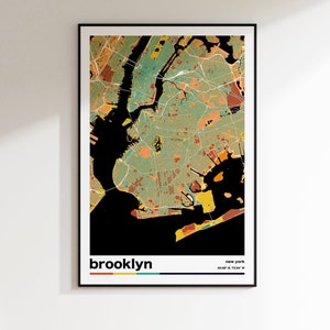 Impression de carte de Brooklyn, art de Brooklyn à New York, impression de Brooklyn NY, carte de Brooklyn, carte des quartiers de New York, décoration murale rétro, impression d'art rétro de Brooklyn
