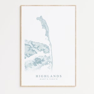 Impression de carte des Highlands du New Jersey, carte des hautes terres de l'Atlantique, cadeau Highlands, cadeau maison de plage du New Jersey, Art du New Jersey