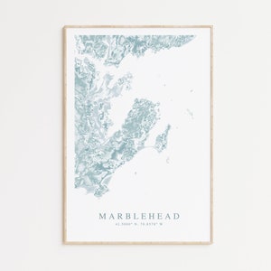 May include: A framed print of a blue and white map of Marblehead, Massachusetts. The map is a stylized illustration of the coastline and surrounding area. The text "MARBLEHEAD" and the coordinates "42.5000° N, 70.8578° W" are printed below the map.