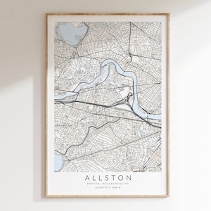 May include: A black and white map print of Allston, Boston, Massachusetts. The map shows the streets and waterways of the neighbourhood. The text "Allston, Boston, Massachusetts 42.3559° N, 71.1389° W" is printed at the bottom of the map.