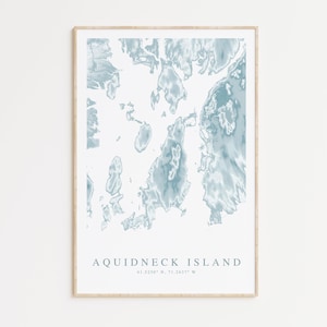 Impression de carte de l'île Aquidneck, affiche de Narragansett, affiche de Rhode Island, cadeau de Rhode Island, art mural côtier, carte de la baie de Narragansett