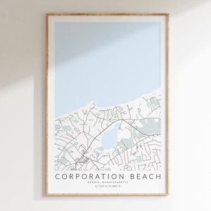 Impression de carte de plage de Corporation, impression de carte de Cape Cod, impression de carte de Dennis Massachusetts, art mural de plage, décoration murale côtière, art mural de Cape Cod