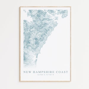 Impression de carte de la côte du New Hampshire, cadeau du New Hampshire, carte de Hampton Beach, décoration de maison de plage, art mural plage, art mural côtier, carte topographique