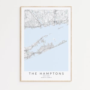 Impression de carte des Hamptons, carte des Hamptons, affiche Montauk, The Hamptons New York, art mural Long Island, carte Long Island, carte de New York
