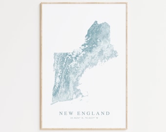 New England Map Print, Map of New England, New England Gift, New England Home Decor, Map New England, Map Poster Gift