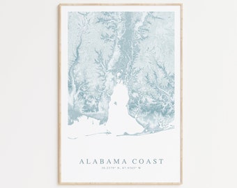 Alabama Coast Map Print, Alabama Beach Home Gift, Mobile Alabama Wall Art, Gulf Shores Alabama Art, Beach House Decor, Beachy Wall art