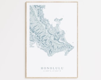 May include: A framed print of a topographic map of Honolulu, Hawaii. The map is in shades of blue and white, with the text "HONOLULU 21.3009° N, 157.8581° W" printed below the map.