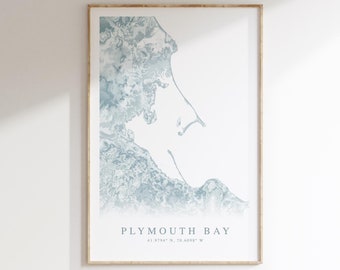 Plymouth Bay Massachusetts Map Print, Plymouth Gift, South Shore MA, Beach House Decor, Beachy Wall art, Coastal Wall Art, Massachusetts Art