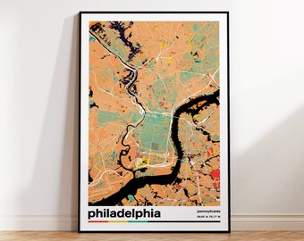 Philadelphia Map Print, Retro Philadelphia Poster, Retro Wall Decor, Philadelphia Pennsylvania Wall Art, Pennsylvania Wall Decor