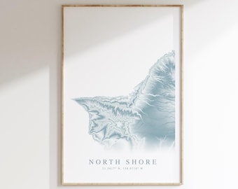 May include: A minimalist poster with a blue topographic map of the North Shore of Oahu, Hawaii. The poster has a wooden frame and the text "NORTH SHORE 21.5617° N, 158.0716° W" printed below the map.