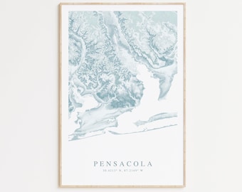 May include: A blue and white map print of Pensacola, Florida with the coordinates 30.4213° N, 87.2169° W printed below the map.
