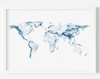 May include: A blue watercolor world map print in a white frame. The map is a stylized representation of the continents and oceans.