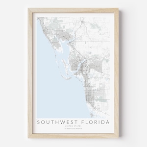 Impression de carte du sud-ouest de la Floride, carte du sud-ouest de la Floride, affiche du sud-ouest de la Floride, cadeau de carte de Floride, cadeau du sud-ouest de la Floride